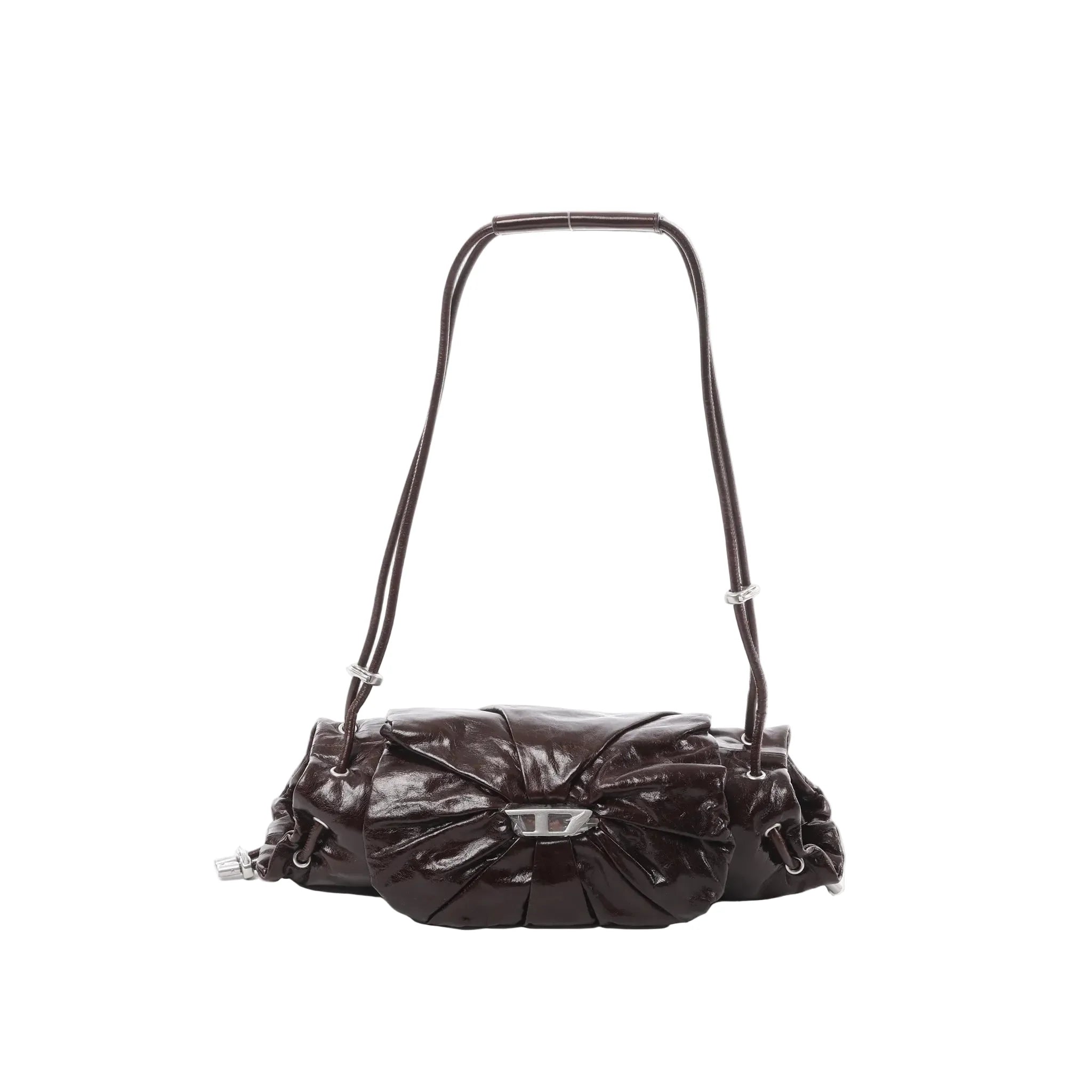 Burgundy Diesel Scrunch-D shoulder bag with glossy ruched leather, silver-tone buckle detail at center, and adjustable shoulder strap.