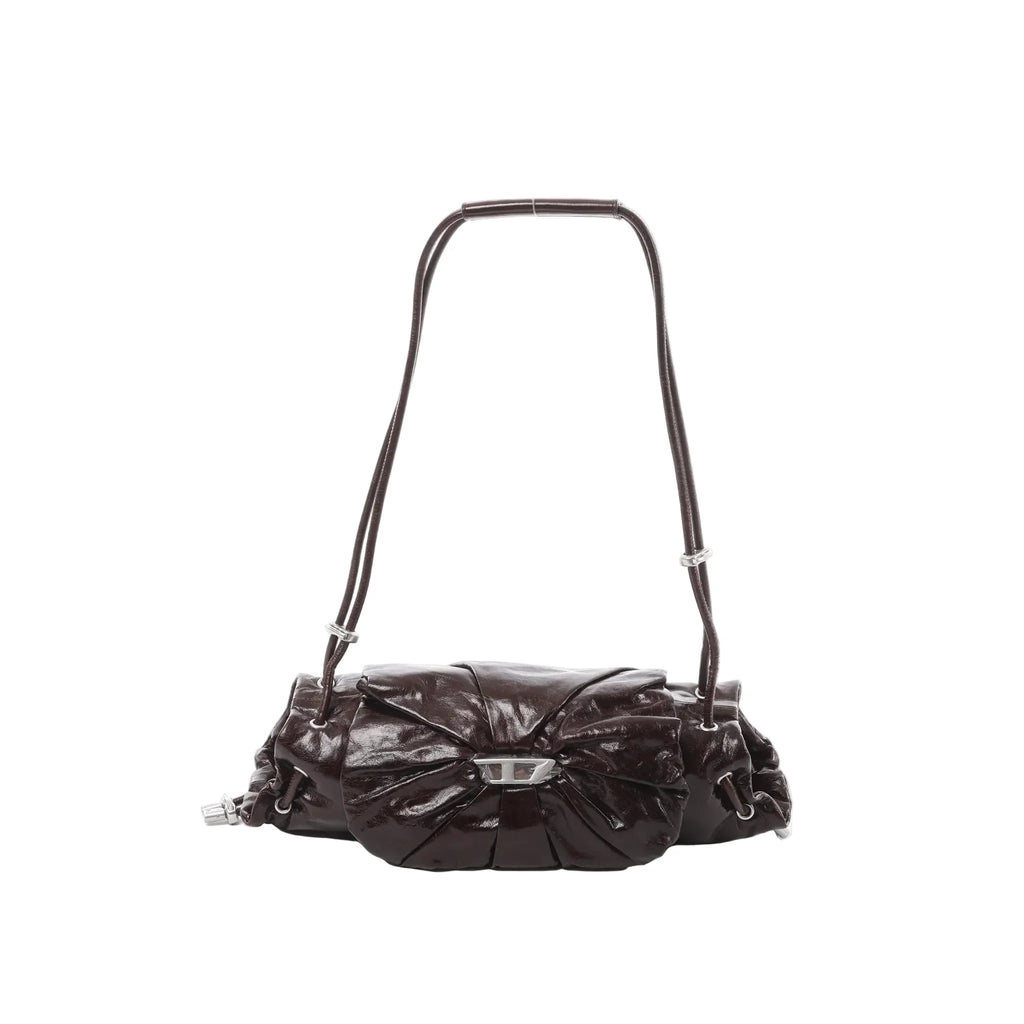 Burgundy Diesel Scrunch-D shoulder bag with glossy ruched leather, silver-tone buckle detail at center, and adjustable shoulder strap.