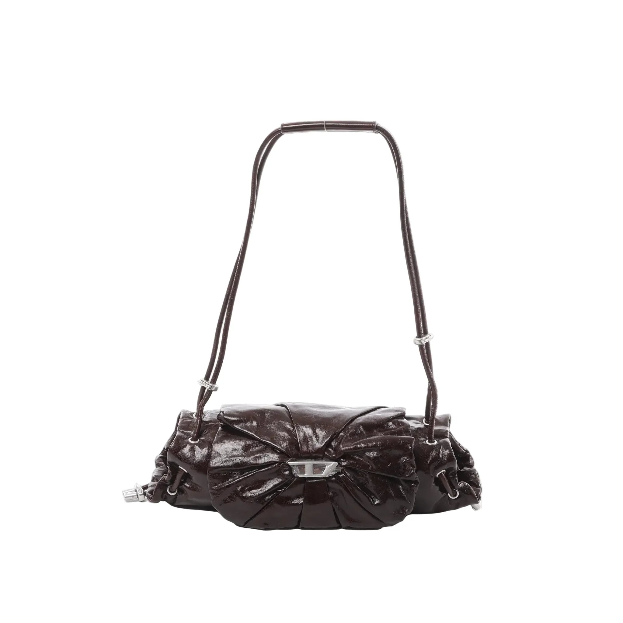Burgundy Diesel Scrunch-D shoulder bag with glossy ruched leather, silver-tone buckle detail at center, and adjustable shoulder strap.