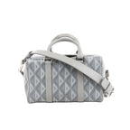 Gray Dior CD Diamond handbag with geometric patterned PVC, smooth leather trim, double top handles, shoulder strap and silver-tone hardware.