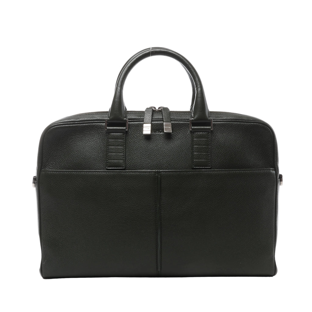 Dark green Dior Homme leather business bag with rounded top handles, dual zip closure, silver-tone hardware and structured front panel pockets.