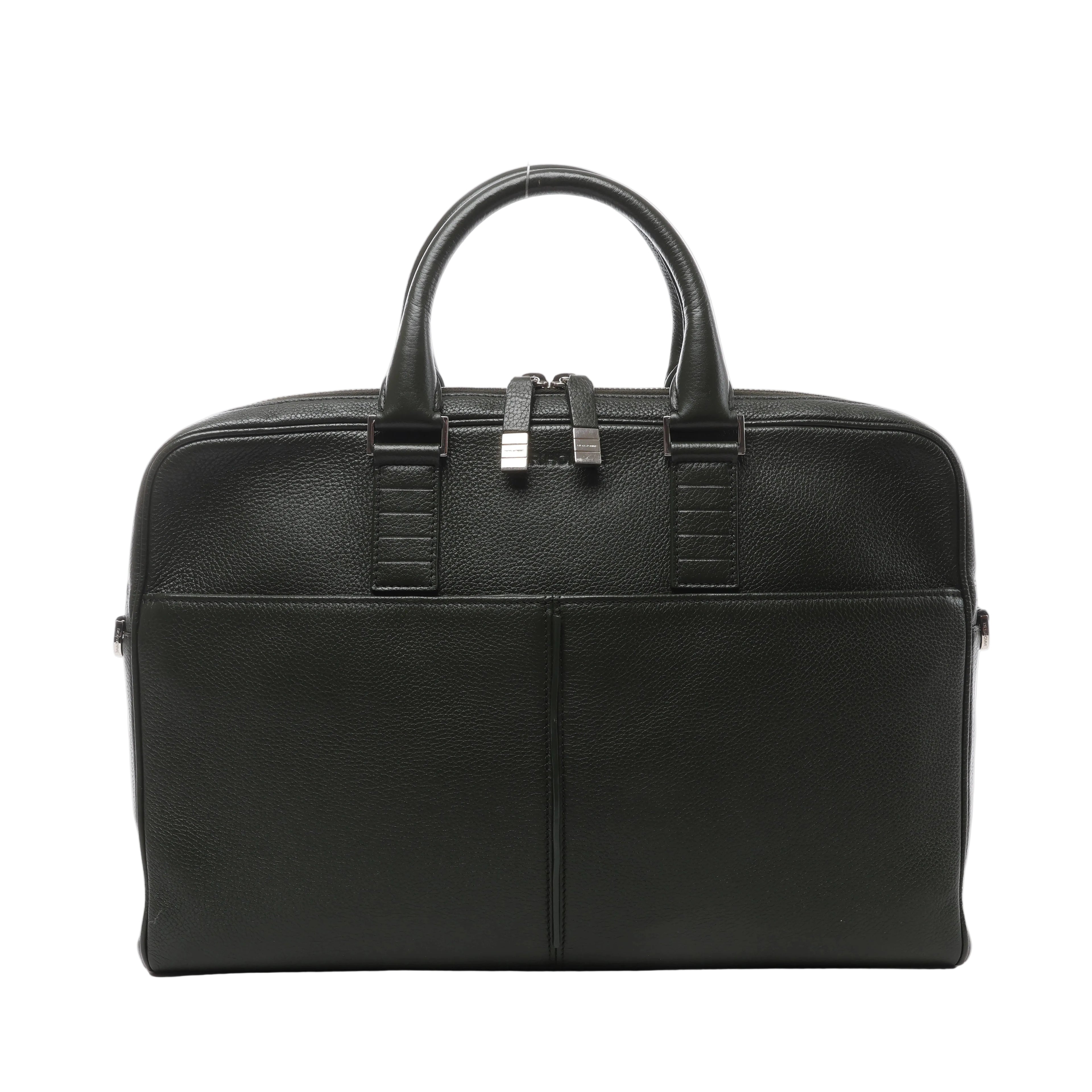 Dark green Dior Homme leather business bag with rounded top handles, dual zip closure, silver-tone hardware and structured front panel pockets.