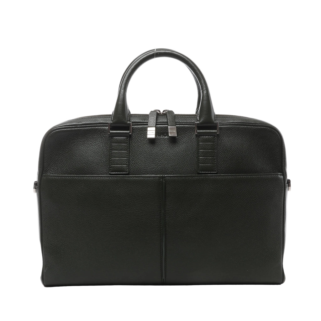 Dark green Dior Homme leather business bag with rounded top handles, dual zip closure, silver-tone hardware and structured front panel pockets.