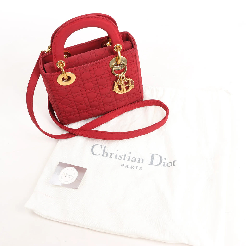 Dior Lady Dior Mini Cannage Nylon Handbag in Red