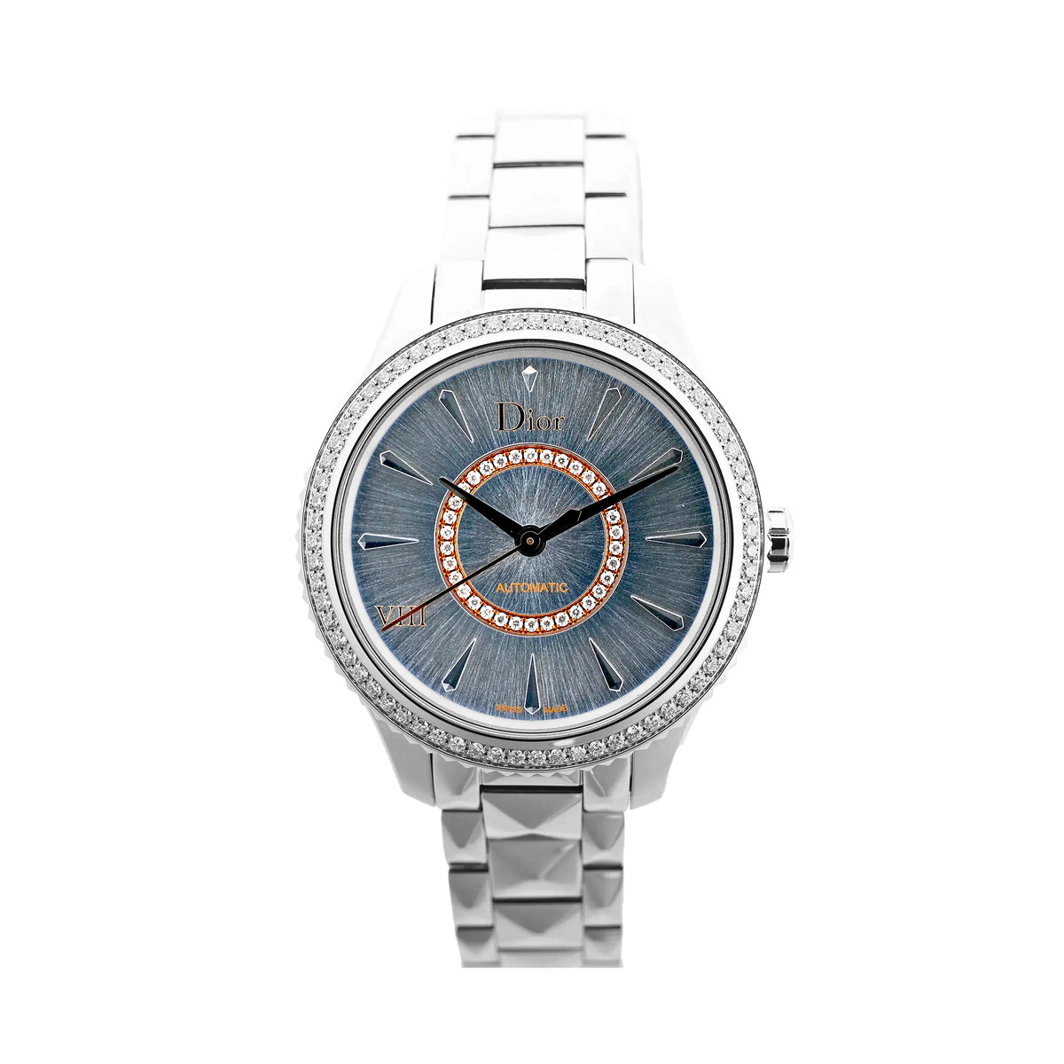 Dior Montaigne CD152510 FU6977 automatic watch with blue sunburst dial, diamond-set inner ring, silver-tone markers, stainless steel case and bracelet, shown on a white background.