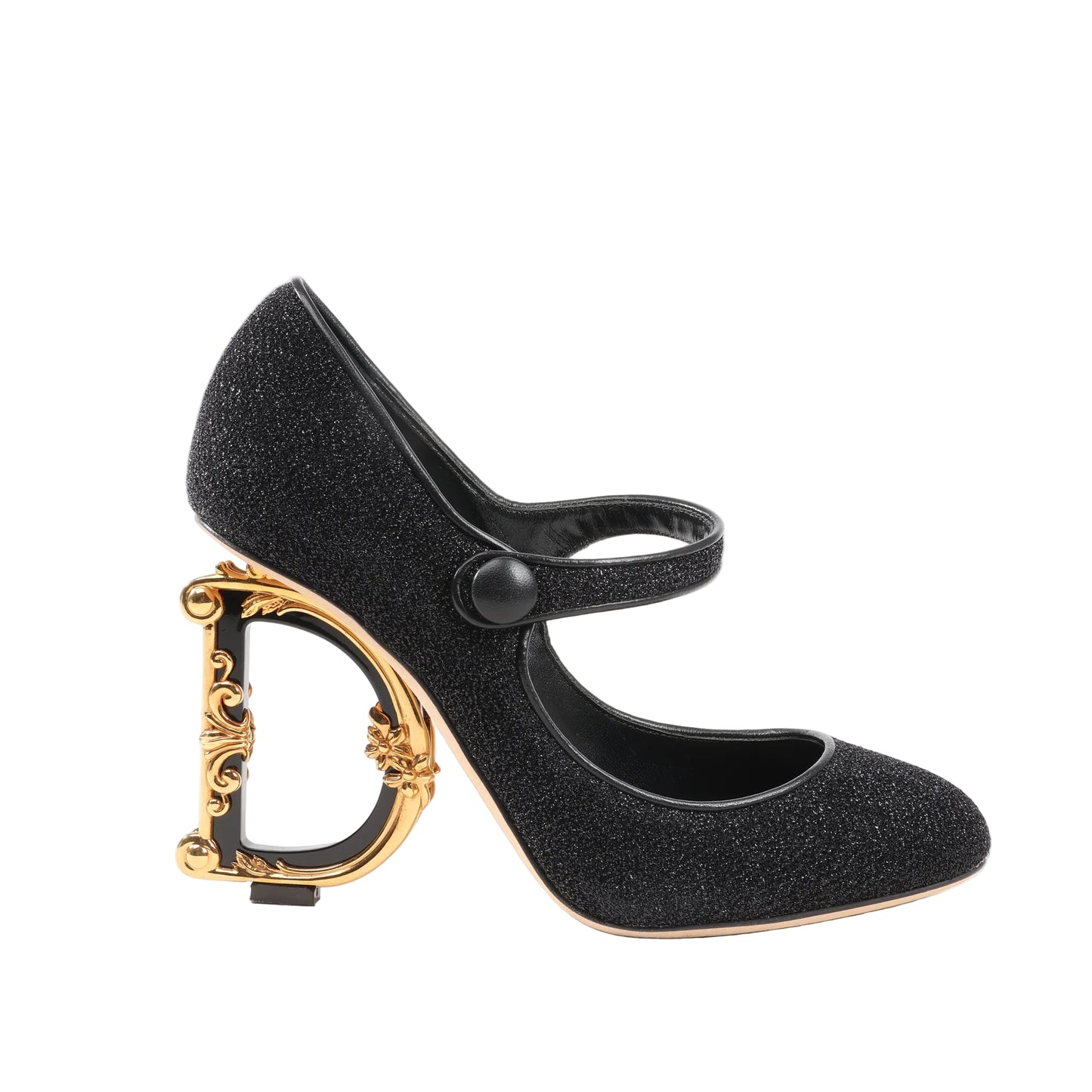 Dolce & Gabbana Mary Jane Heels in black glitter fabric with rounded toe, single strap, and ornate gold-tone DG baroque logo heel, size 36 EU, shown against a white background.