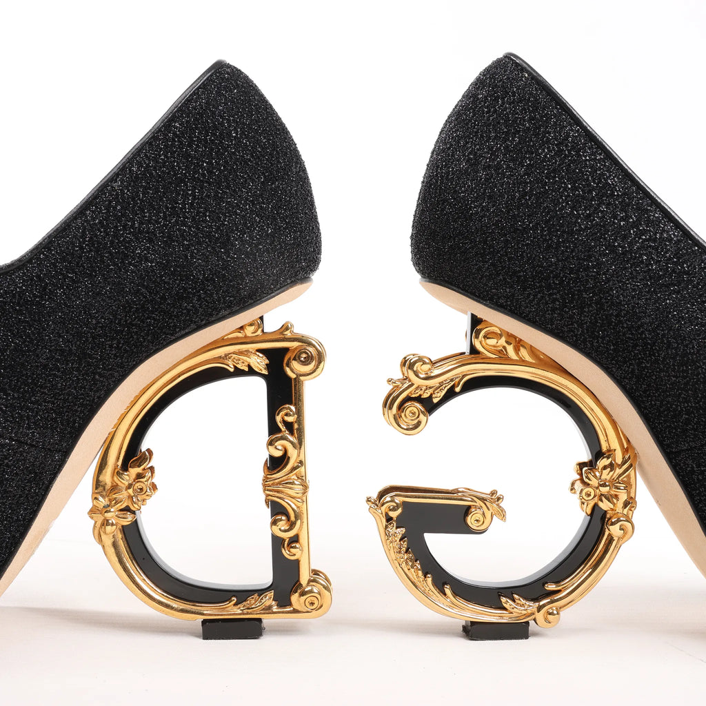 Dolce & Gabbana Cloth x Glitter DG logo Mary Jane Heels Baroque in Black, Size 36 EU