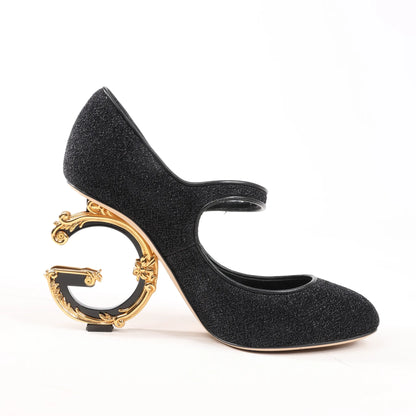 Dolce & Gabbana Cloth x Glitter DG logo Mary Jane Heels Baroque in Black, Size 36 EU