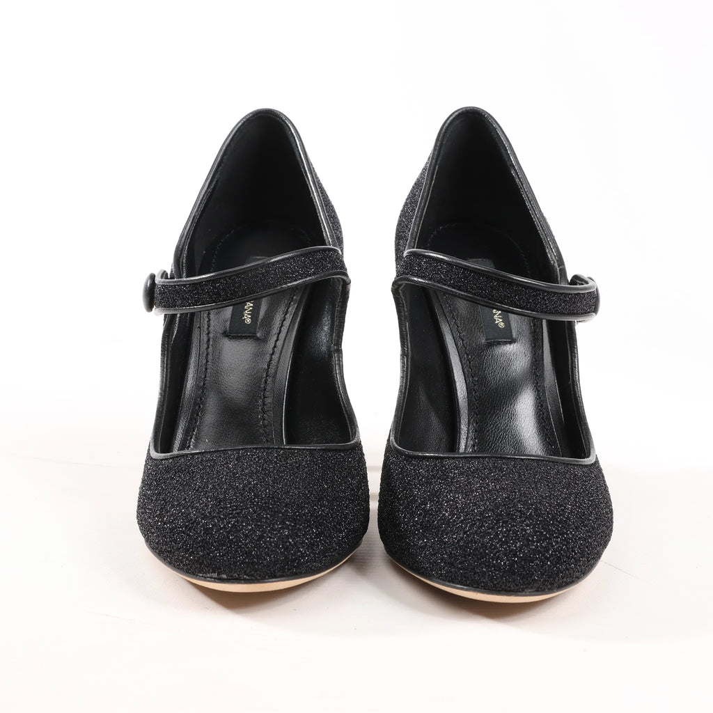 Dolce & Gabbana Cloth x Glitter DG logo Mary Jane Heels Baroque in Black, Size 36 EU