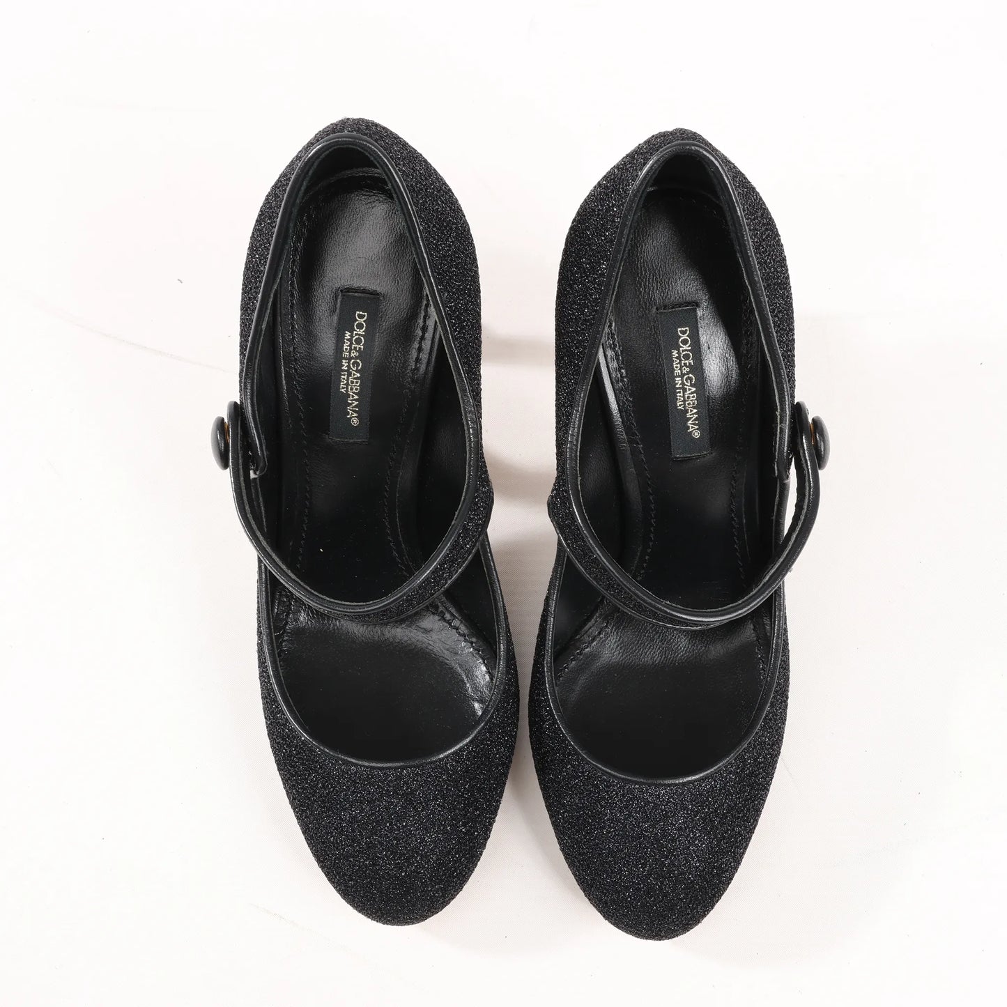 Dolce & Gabbana Cloth x Glitter DG logo Mary Jane Heels Baroque in Black, Size 36 EU