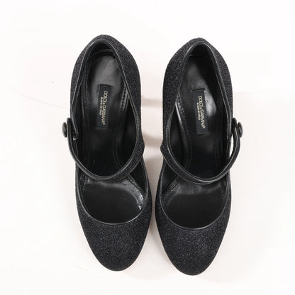 Dolce & Gabbana Cloth x Glitter DG logo Mary Jane Heels Baroque in Black, Size 36 EU