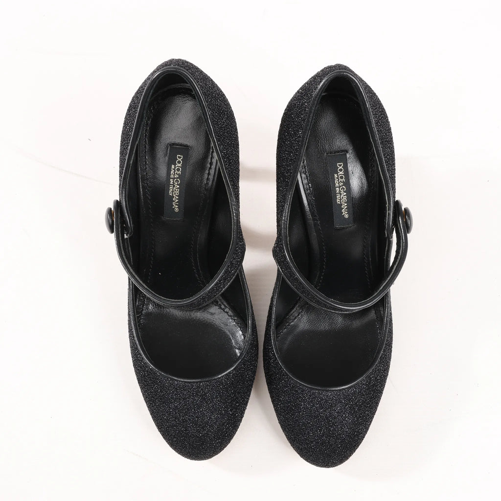 Dolce & Gabbana Cloth x Glitter DG logo Mary Jane Heels Baroque in Black, Size 36 EU