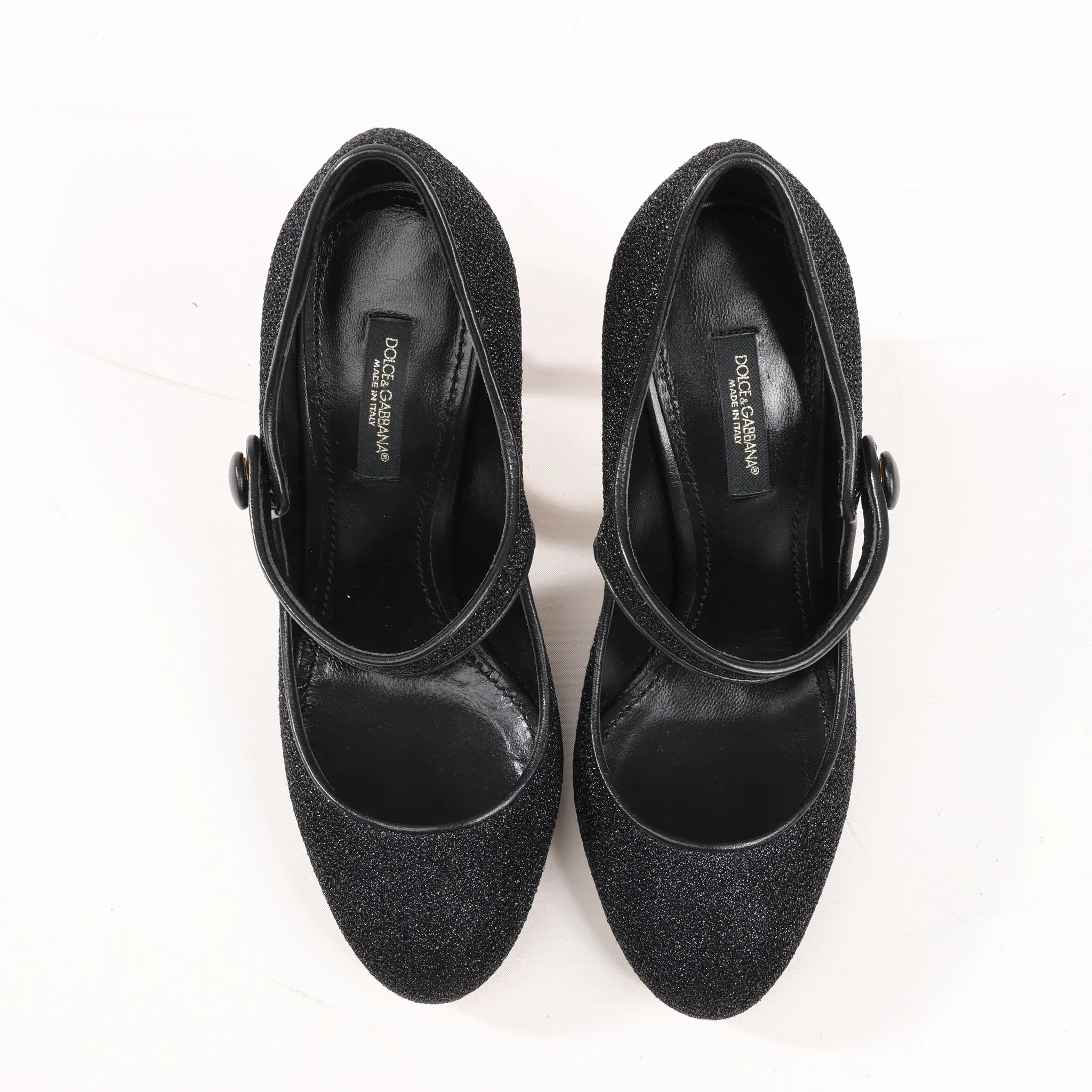 Dolce & Gabbana Cloth x Glitter DG logo Mary Jane Heels Baroque in Black, Size 36 EU