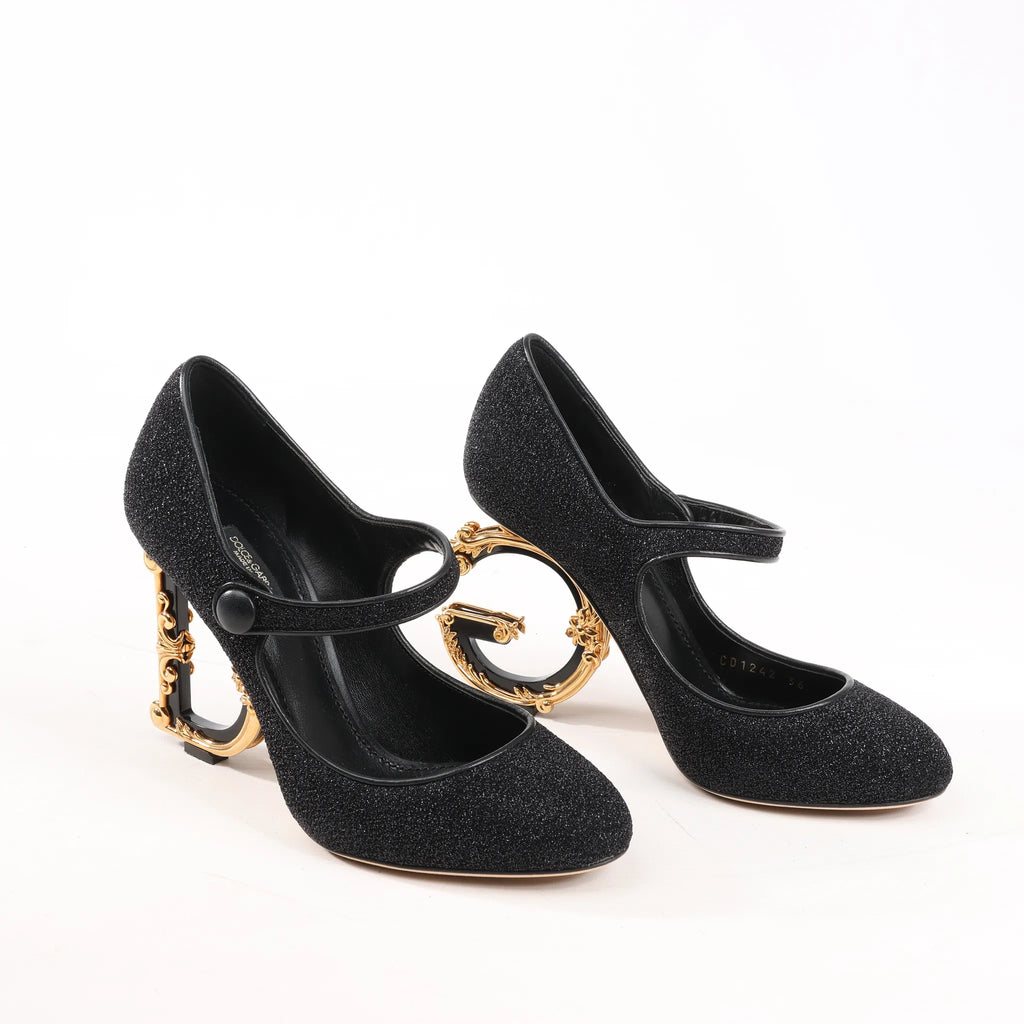 Dolce & Gabbana Cloth x Glitter DG logo Mary Jane Heels Baroque in Black, Size 36 EU