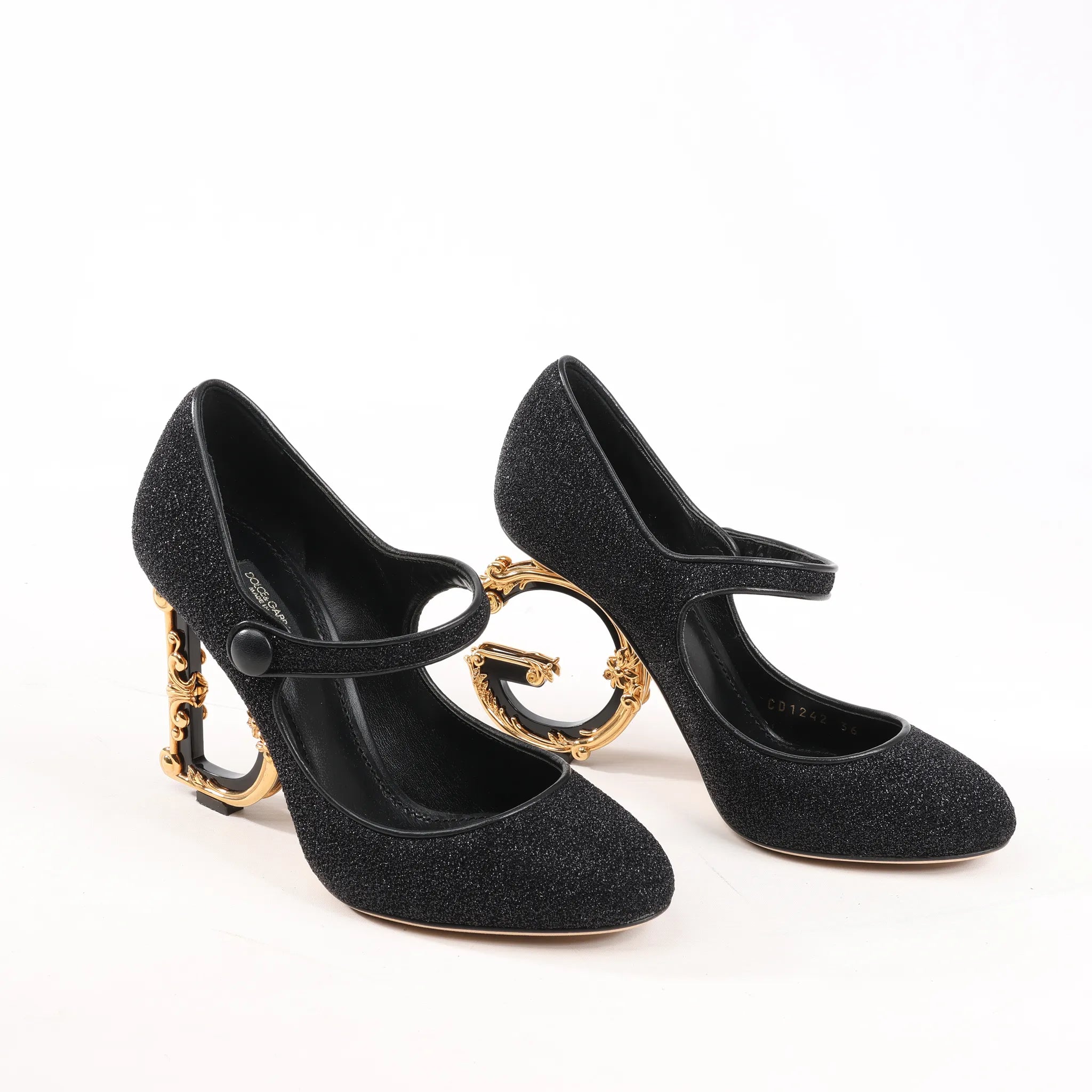 Dolce & Gabbana Cloth x Glitter DG logo Mary Jane Heels Baroque in Black, Size 36 EU