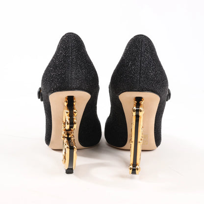 Dolce & Gabbana Cloth x Glitter DG logo Mary Jane Heels Baroque in Black, Size 36 EU