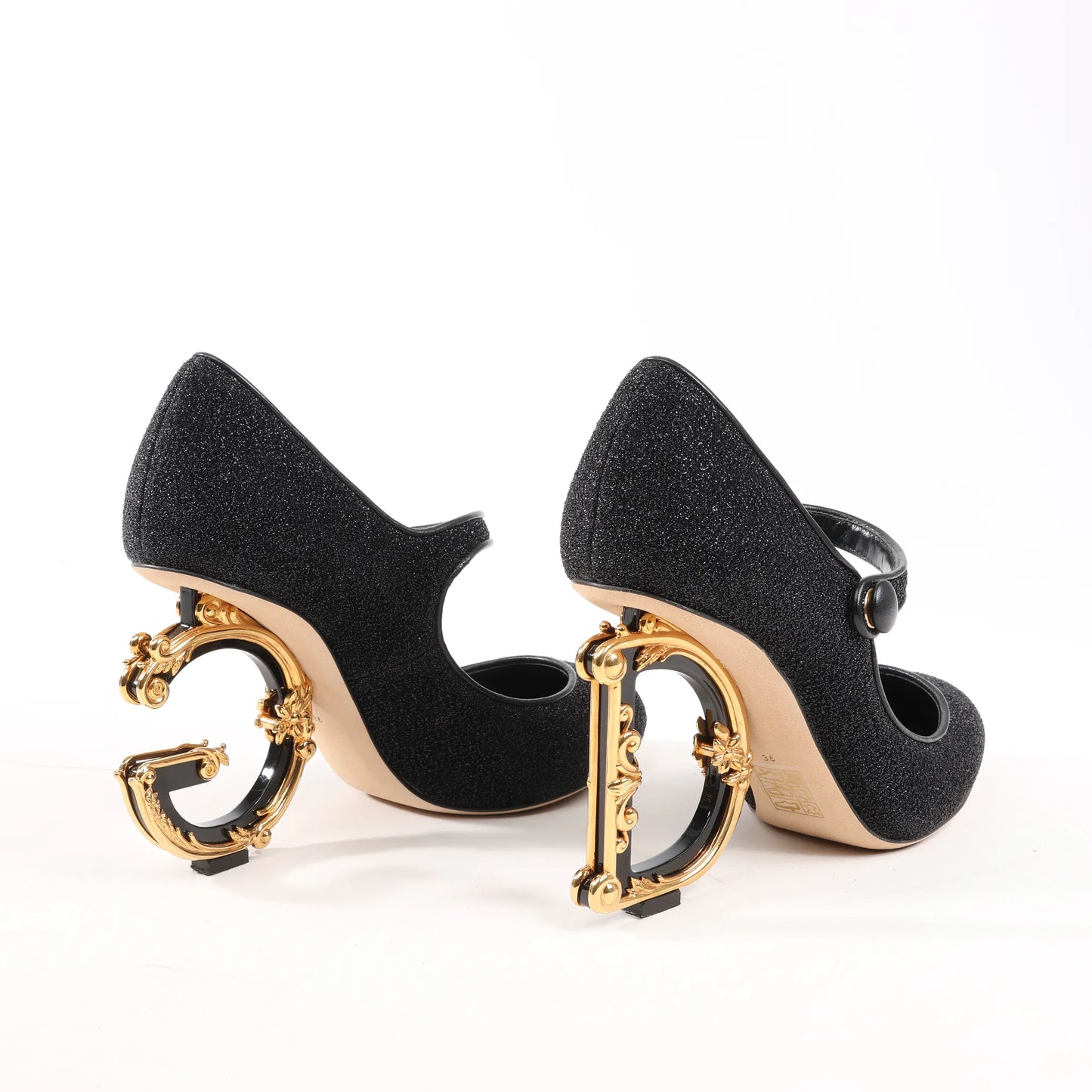 Dolce & Gabbana Cloth x Glitter DG logo Mary Jane Heels Baroque in Black, Size 36 EU