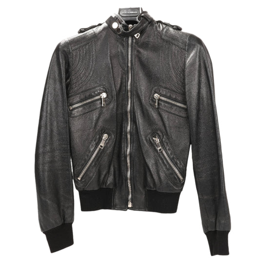 Dolce & Gabbana Black Leather and Leopard Biker Jacket, Size 38