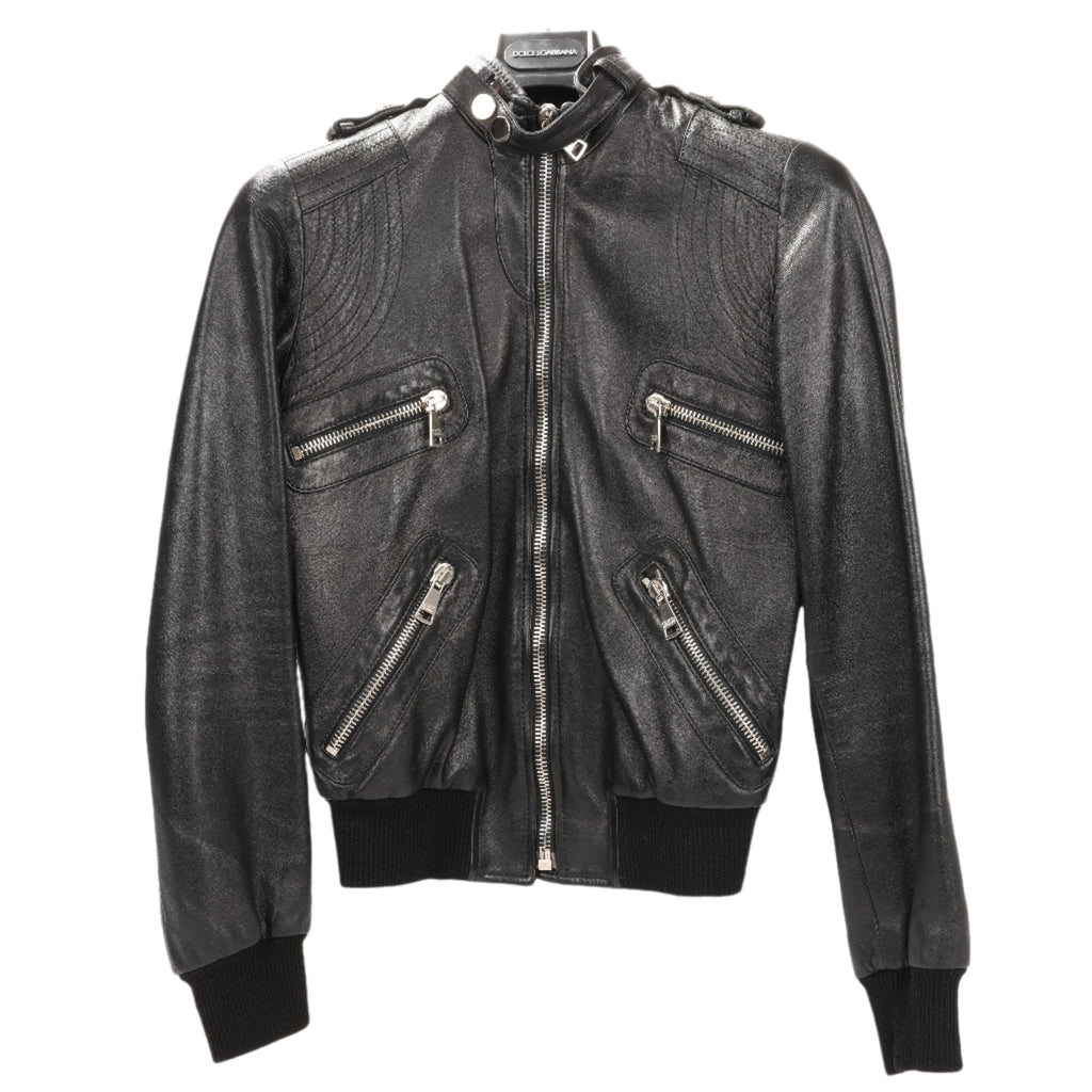 Dolce & Gabbana Black Leather and Leopard Biker Jacket, Size 38