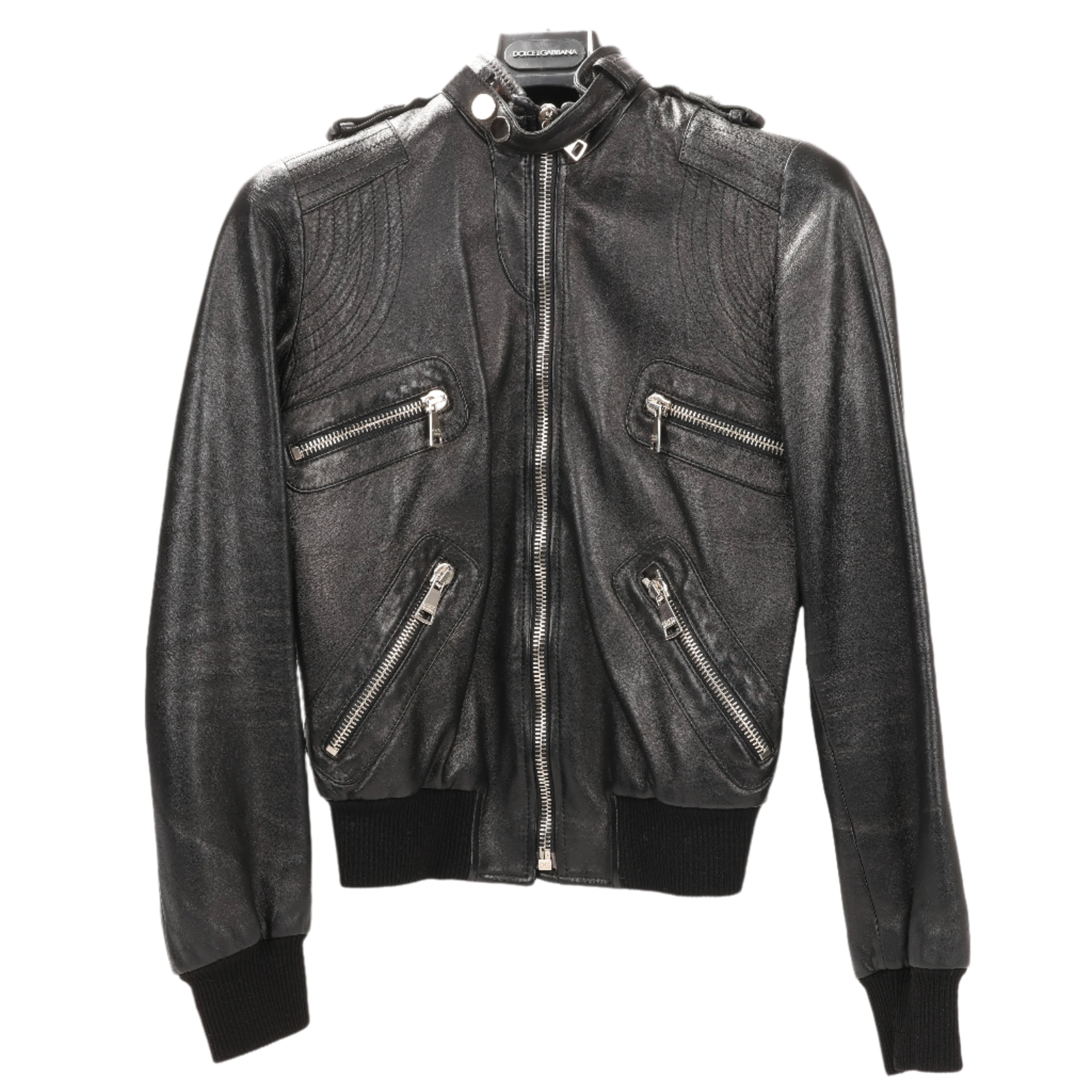 Dolce & Gabbana Black Leather and Leopard Biker Jacket, Size 38