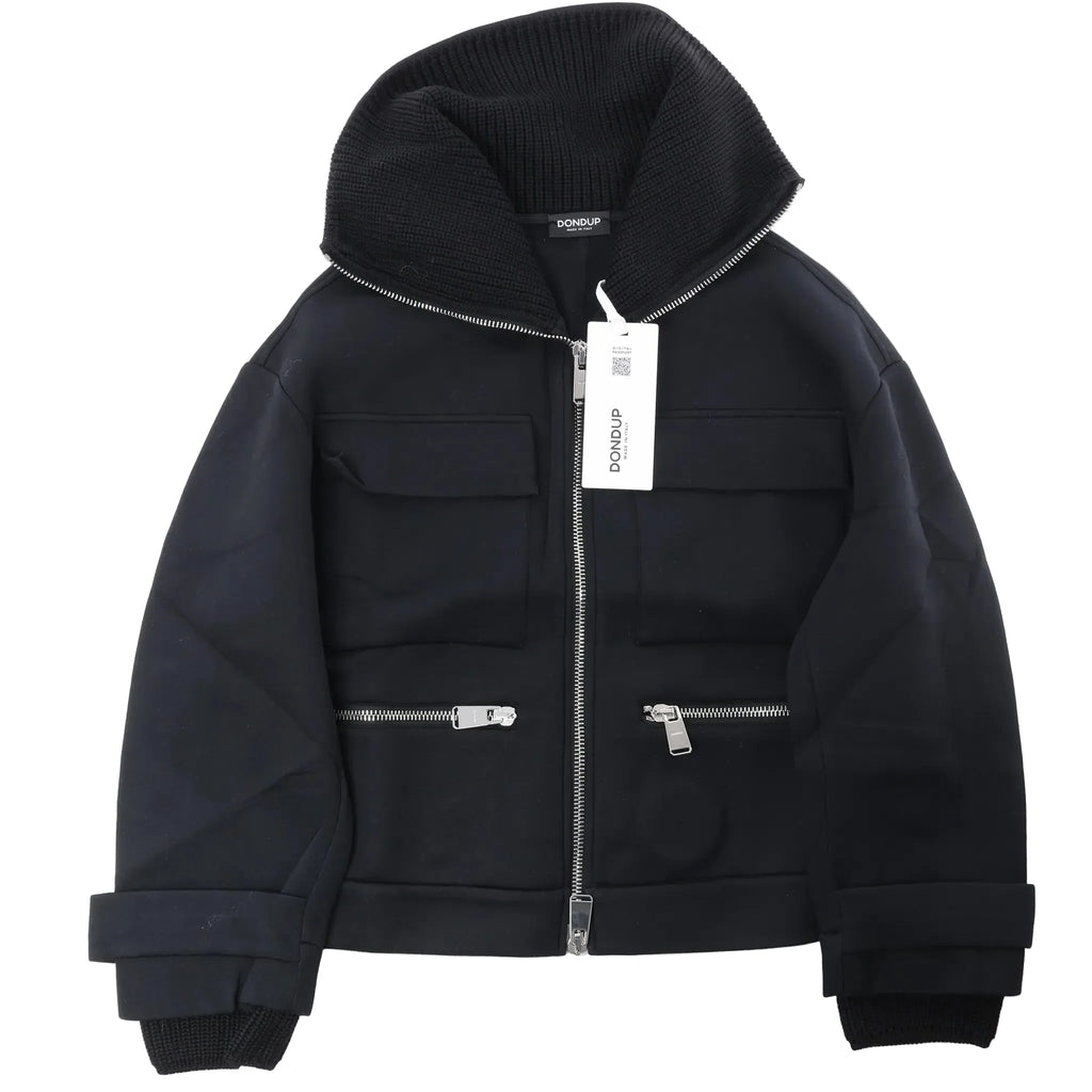 Dondup black transitional jacket with full zip closure, rib-knit hood, zip chest pockets, flap pockets and ribbed cuffs, laid flat on a white background.