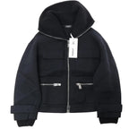 Dondup black transitional jacket with full zip closure, rib-knit hood, zip chest pockets, flap pockets and ribbed cuffs, laid flat on a white background.