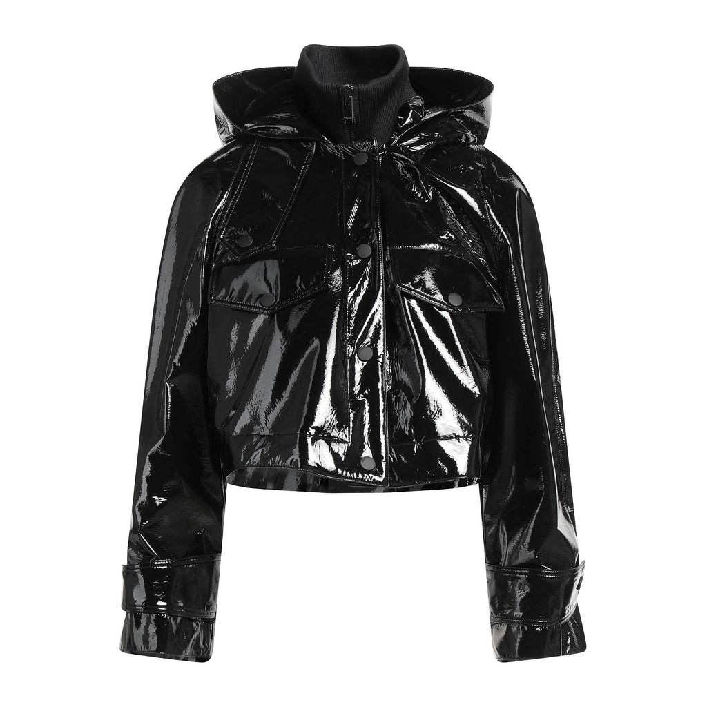 Dondup glossy black patent jacket in size 42 IT featuring a high-shine finish, snap-button front, flap chest pockets, structured hood, and cuffed long sleeves.