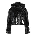 Dondup glossy black patent jacket in size 42 IT featuring a high-shine finish, snap-button front, flap chest pockets, structured hood, and cuffed long sleeves.