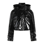 Dondup glossy black patent jacket in size 42 IT featuring a high-shine finish, snap-button front, flap chest pockets, structured hood, and cuffed long sleeves.