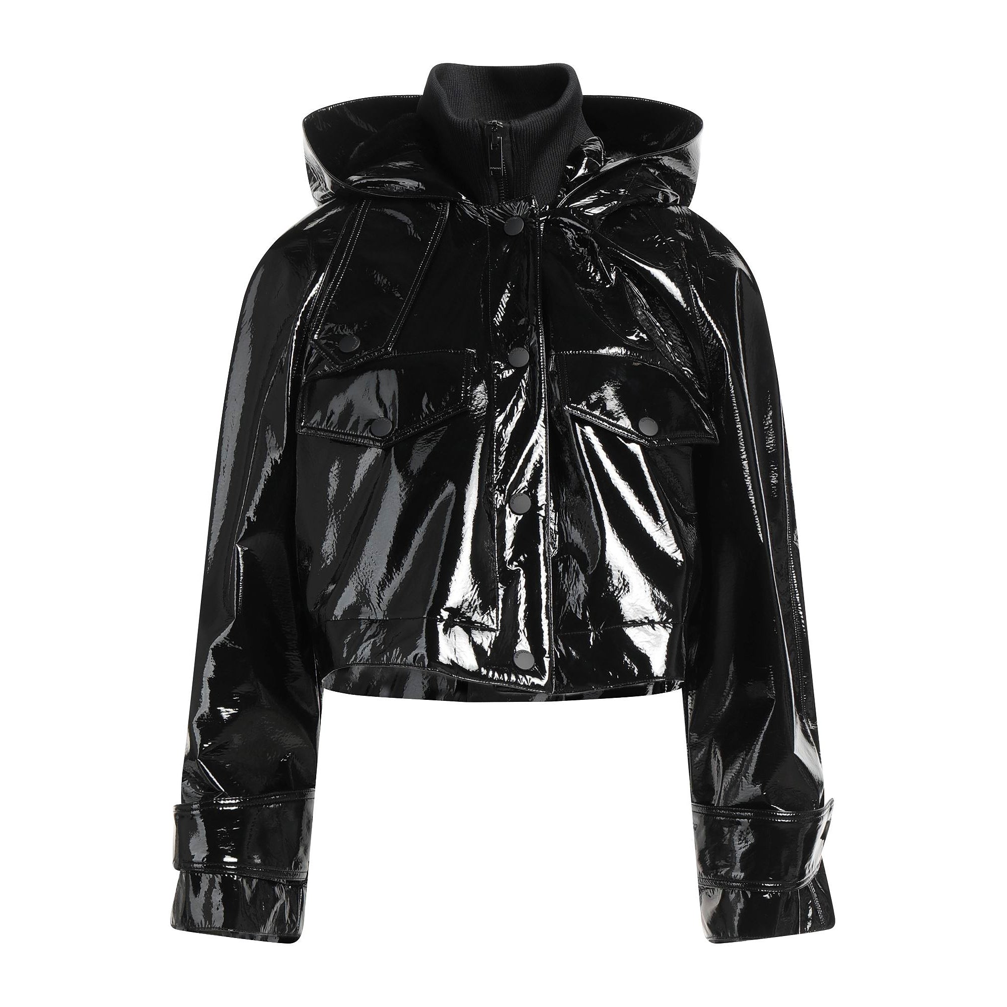 Dondup glossy black patent jacket in size 42 IT featuring a high-shine finish, snap-button front, flap chest pockets, structured hood, and cuffed long sleeves.