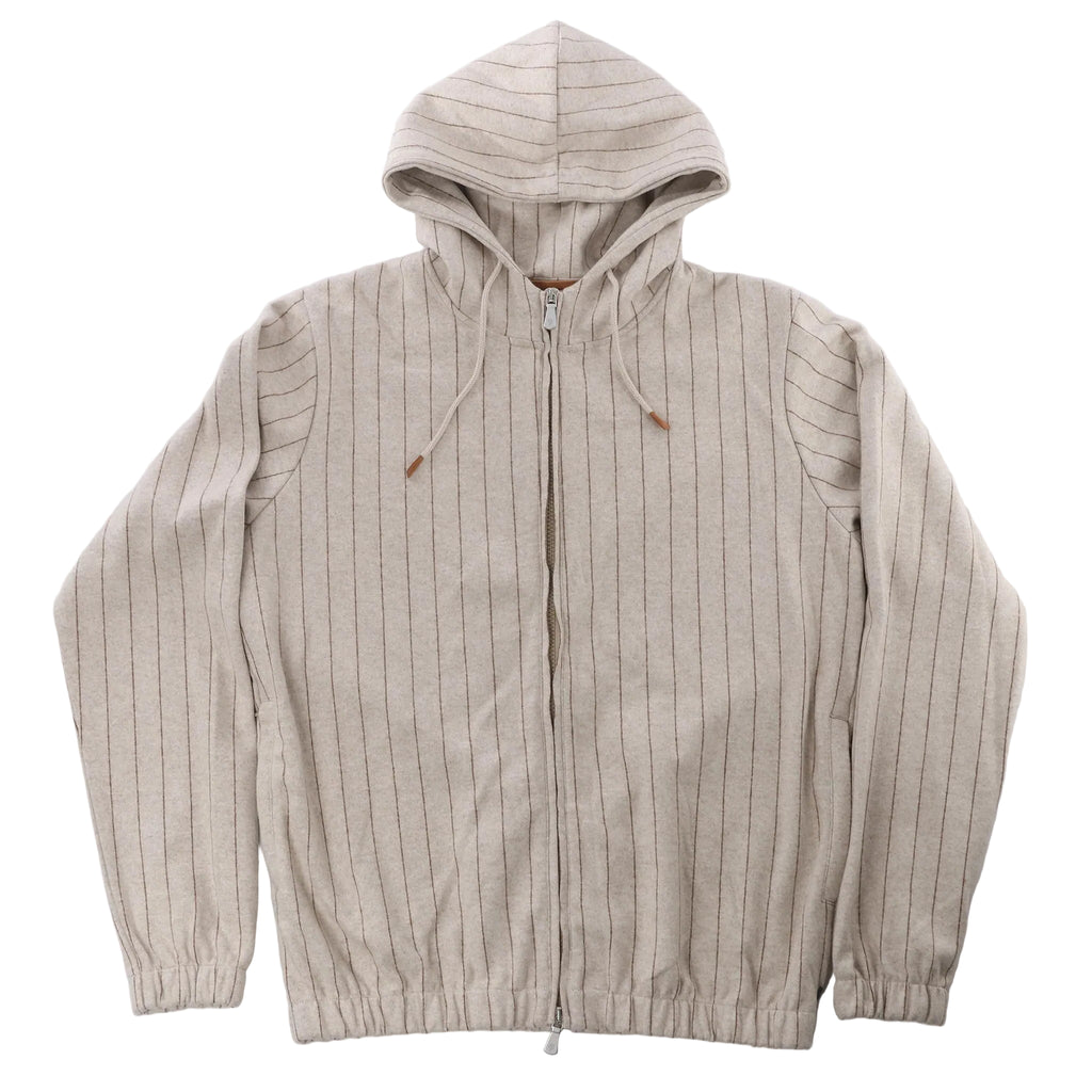Eleventy beige zip-up hooded sweatshirt with fine brown stripes, drawstrings, front pockets and elasticated cuffs and hem.