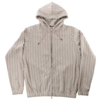 Eleventy beige zip-up hooded sweatshirt with fine brown stripes, drawstrings, front pockets and elasticated cuffs and hem.