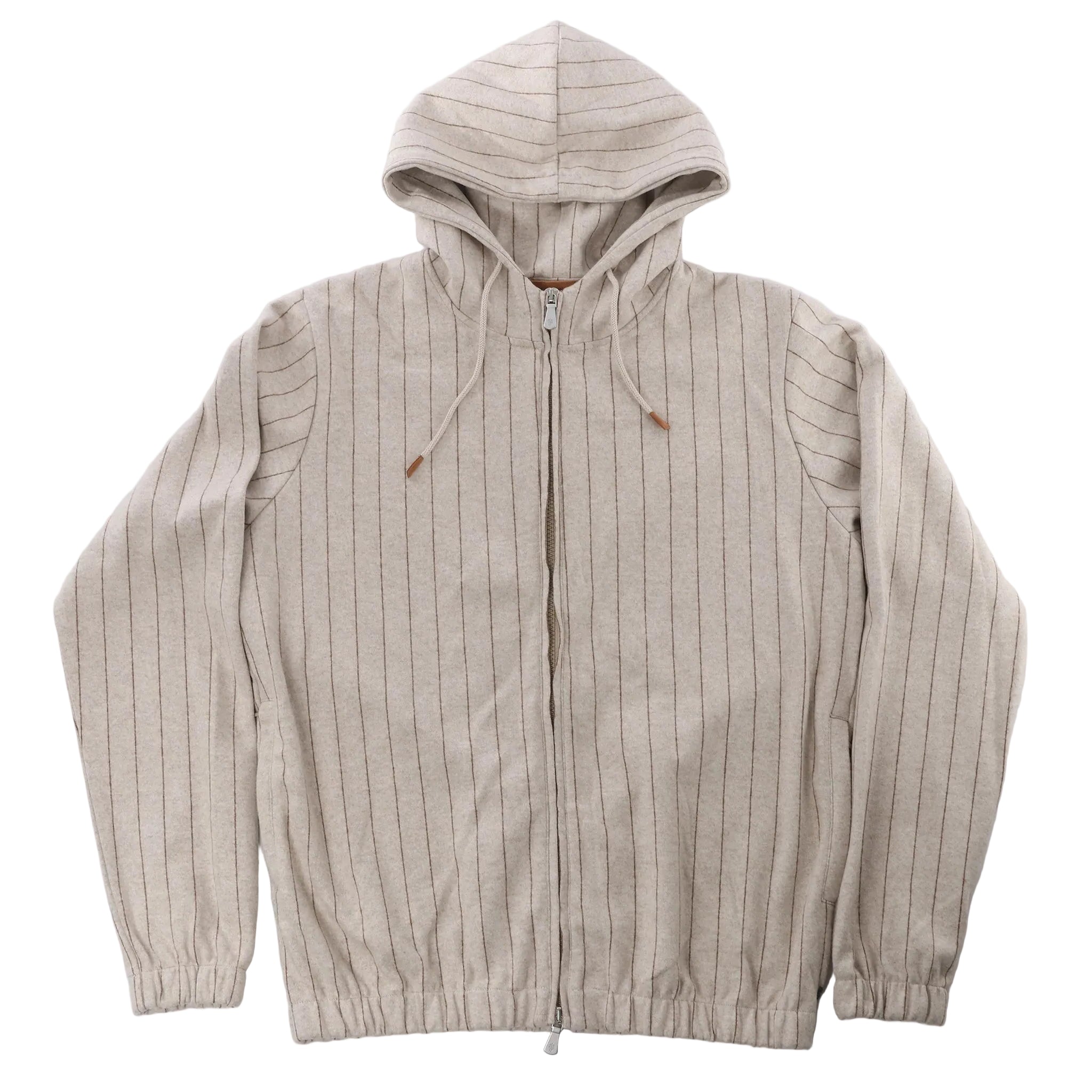 Eleventy beige zip-up hooded sweatshirt with fine brown stripes, drawstrings, front pockets and elasticated cuffs and hem.