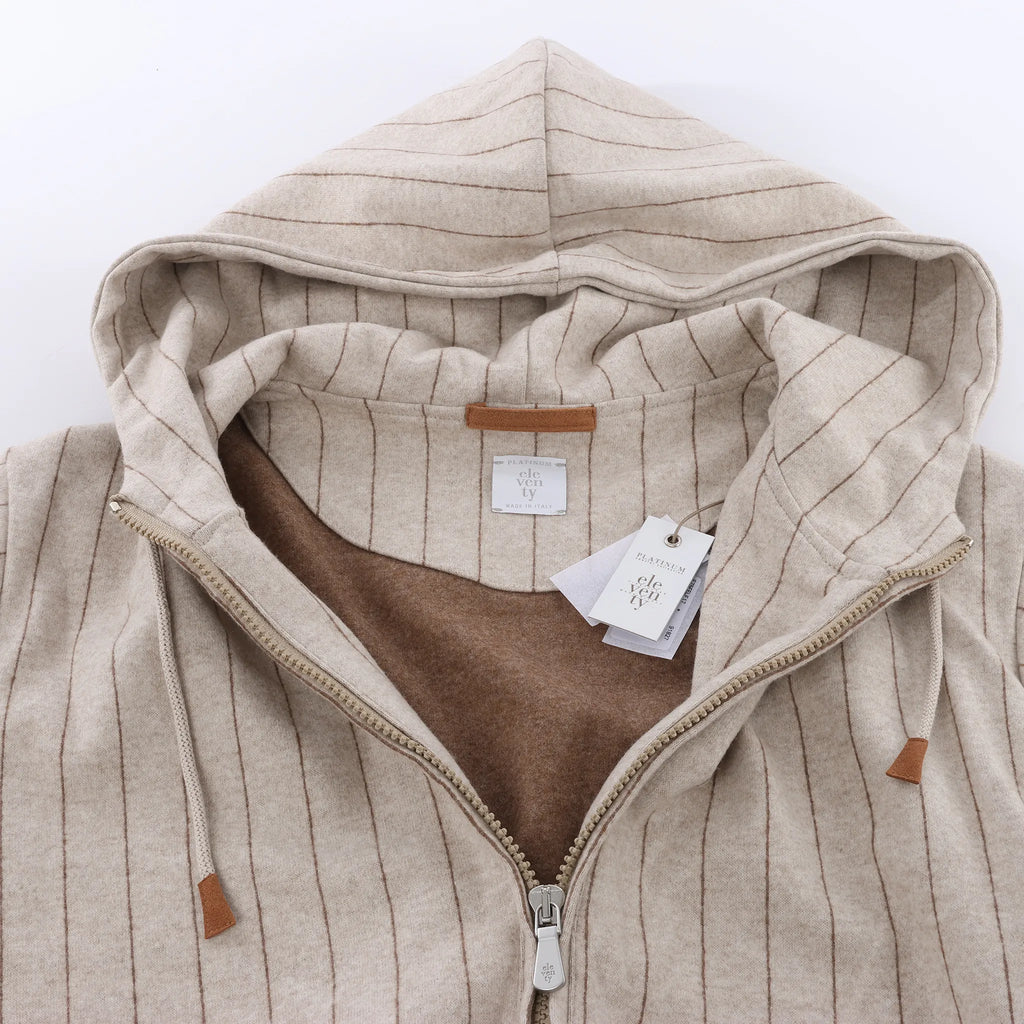 Eleventy Striped Zip-Up Sweatshirt in Beige, Size M