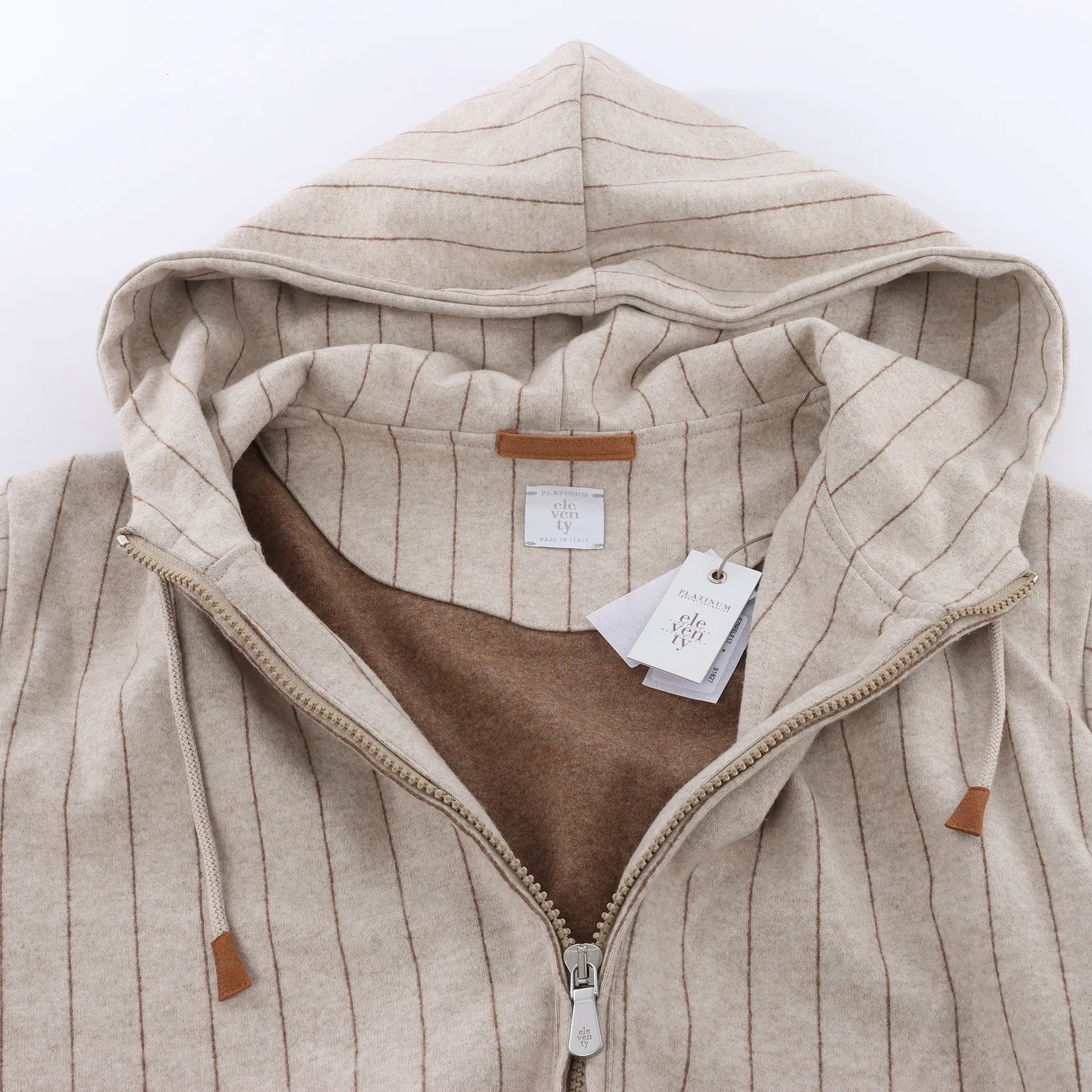 Eleventy Striped Zip-Up Sweatshirt in Beige, Size M