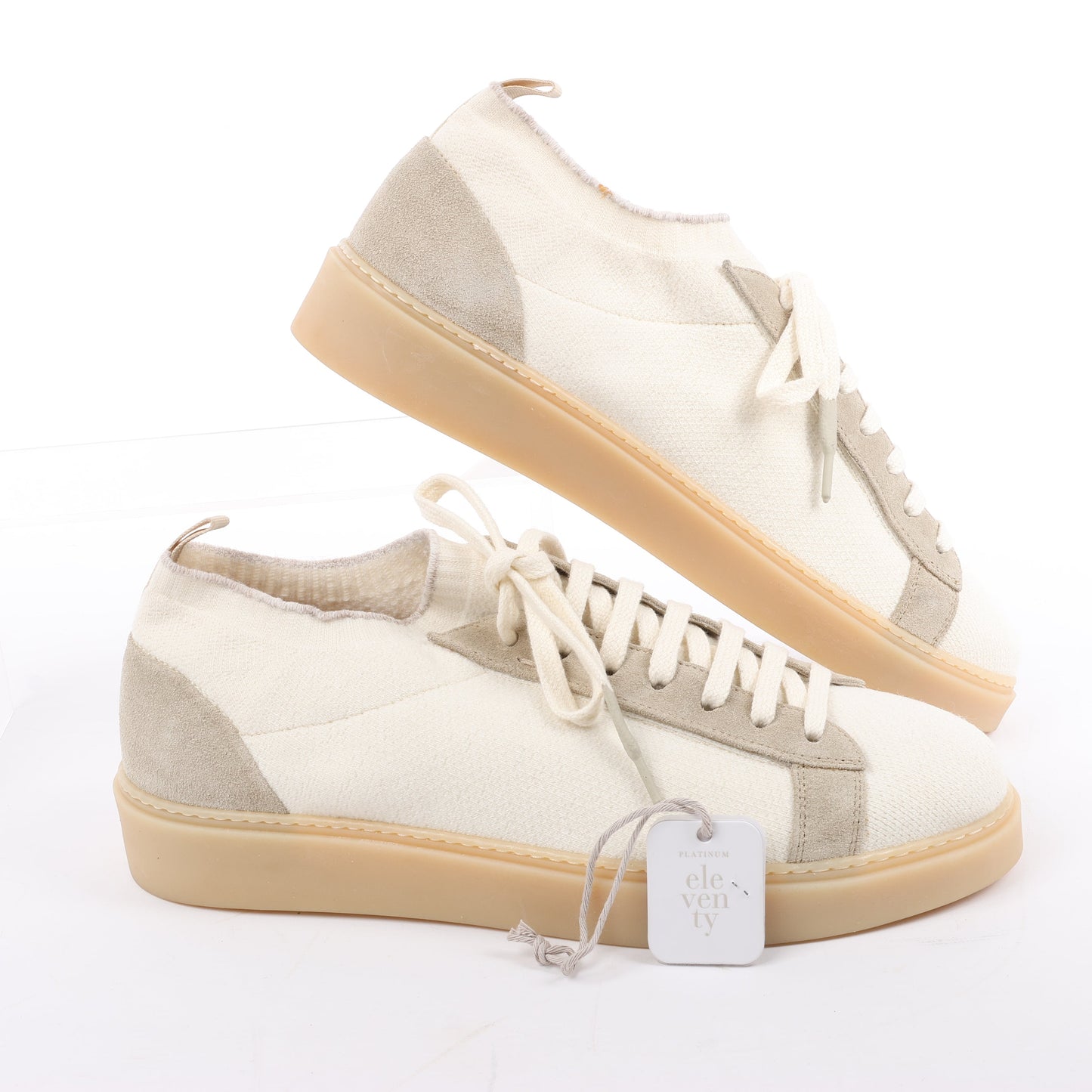 ELEVENTY Panelled Knitted Sneakers in Beige, Size 44 EU