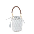 Woven leather mini top-handle bag with gray drawstring pouch closure, braided brown handle, gold-tone rings, and hanging round logo tag