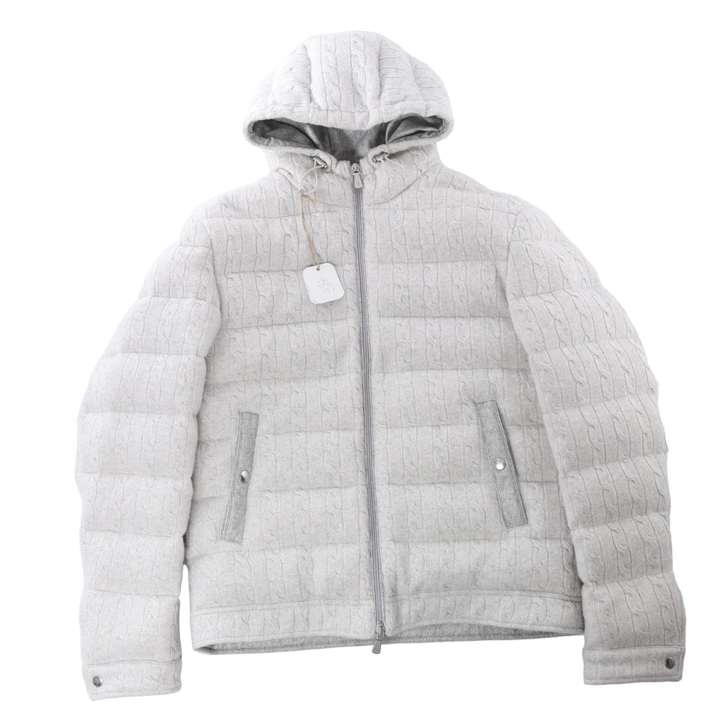 Eleventy Cable-Knit Puffer Wool x Cashmere Hooded Jacket in Light Gray, Size 50 IT