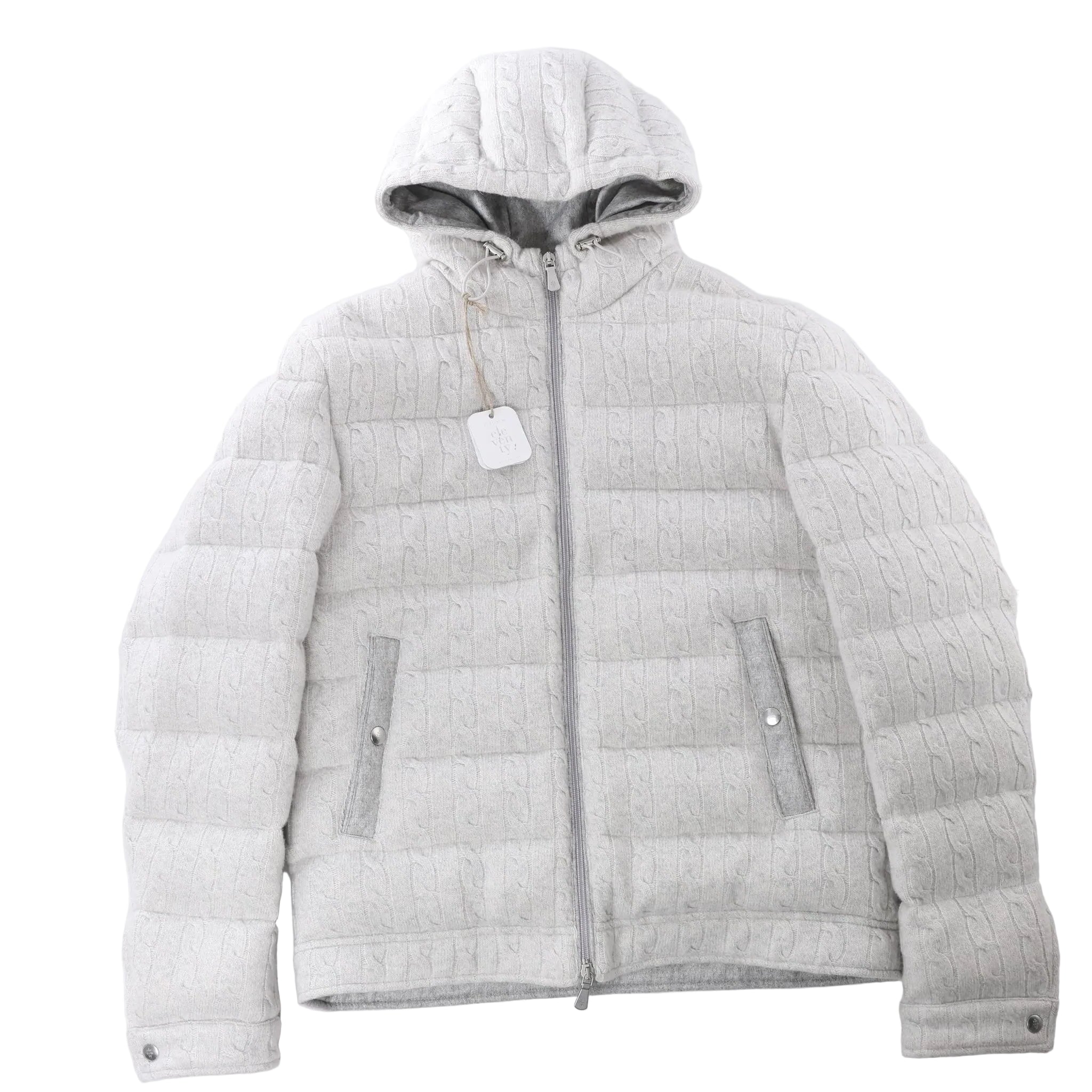 Eleventy Cable-Knit Puffer Wool x Cashmere Hooded Jacket in Light Gray, Size 50 IT