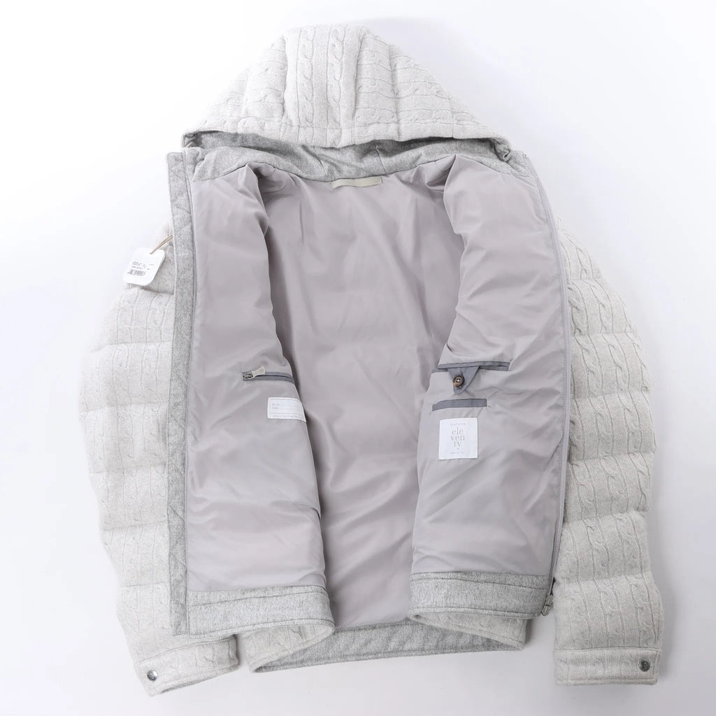 Eleventy Cable-Knit Puffer Wool x Cashmere Hooded Jacket in Light Gray, Size 50 IT