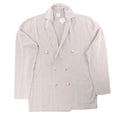 Eleventy beige double-breasted knit blazer with notched lapels, gold-tone buttons, two front patch pockets and long sleeves, laid flat on a white background.