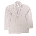 Eleventy beige double-breasted knit blazer with notched lapels, gold-tone buttons, two front patch pockets and long sleeves, laid flat on a white background.