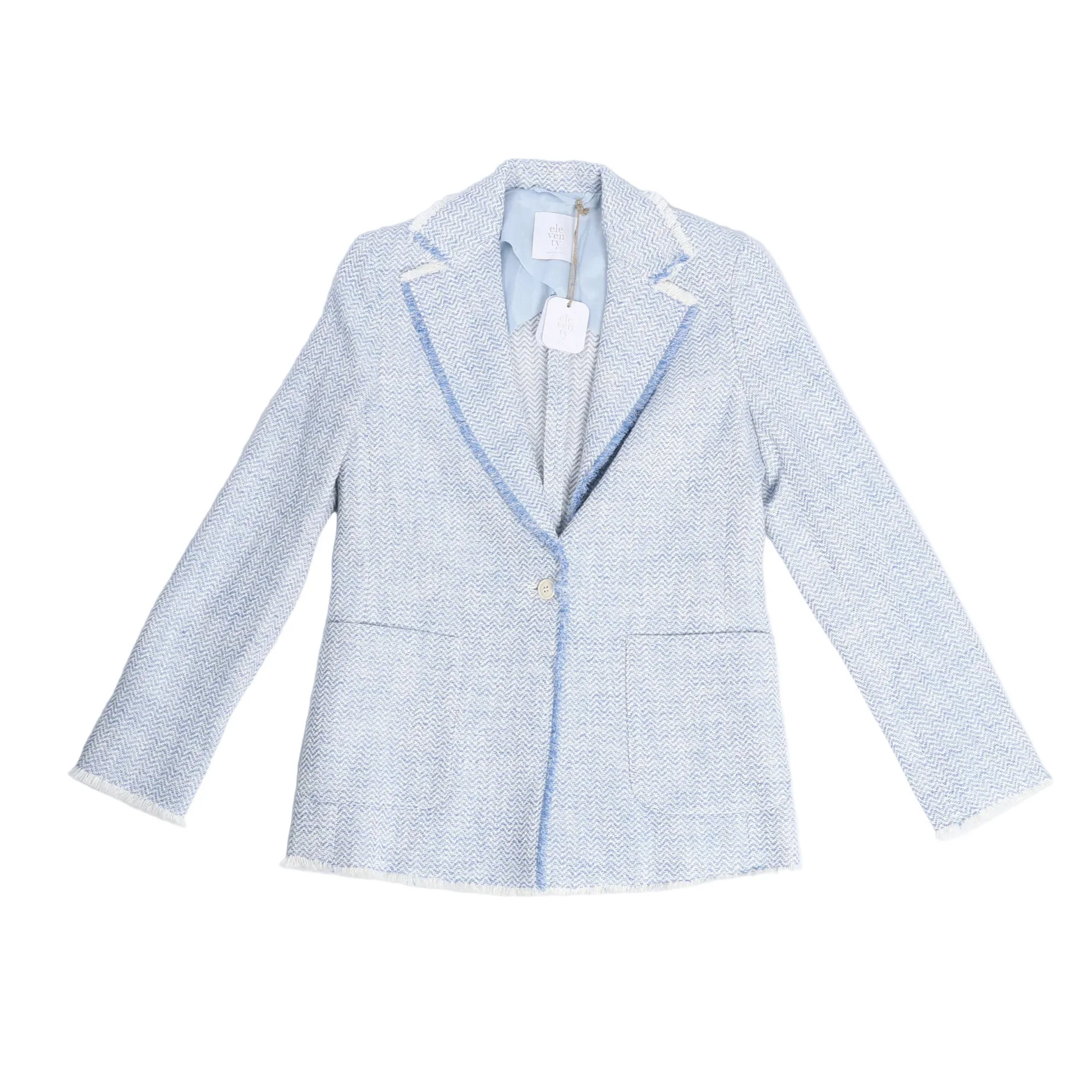 Eleventy light blue single-breasted blazer in size 38 IT featuring a soft zigzag weave, notched lapel with white accent piping, front patch pockets, and fringed hems, laid flat on a white background.