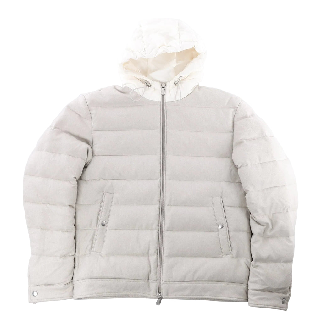 Eleventy beige hooded puffer jacket with vertical channel quilting, full front zip, snap-fastened pockets and a light contrasting hood.