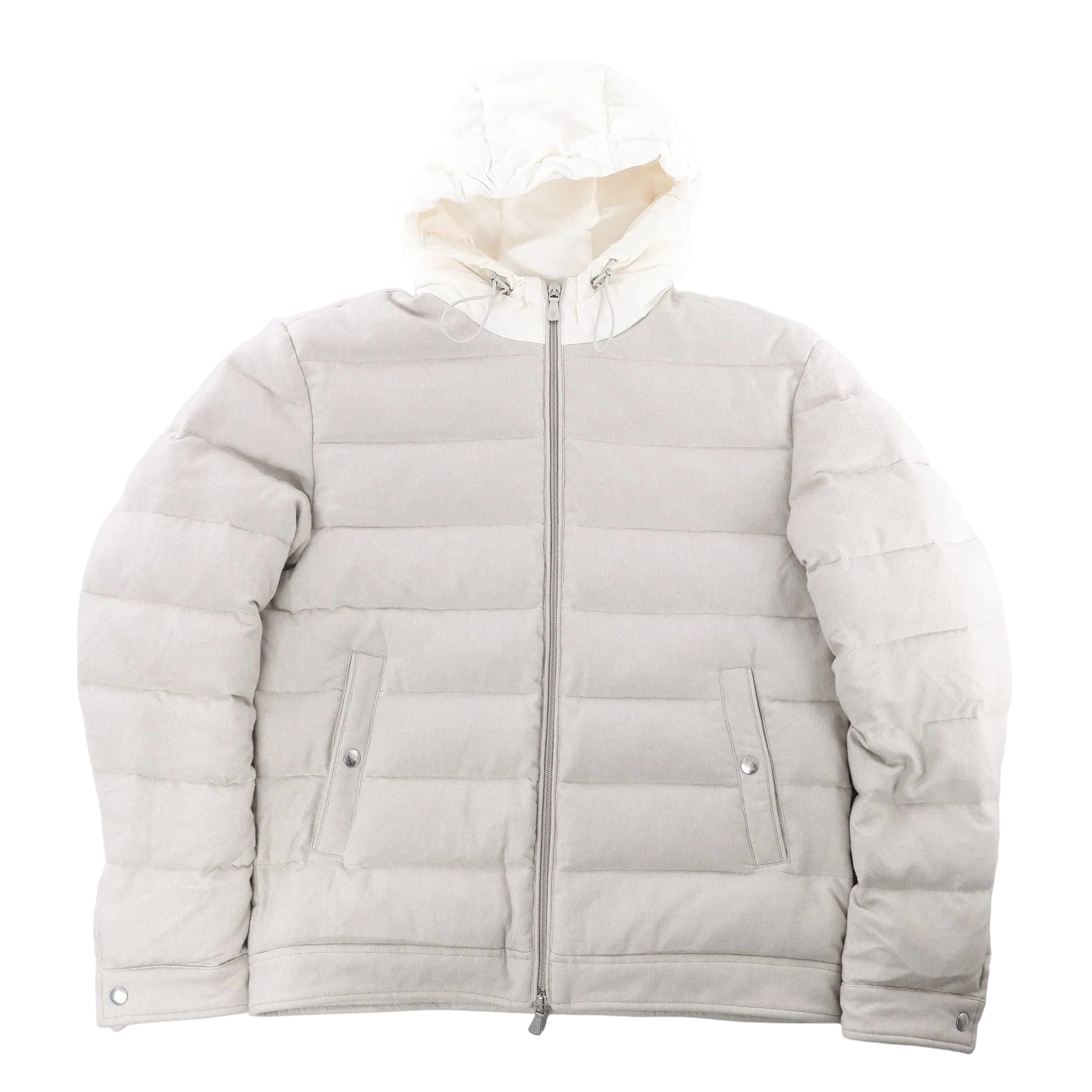 Eleventy beige hooded puffer jacket with vertical channel quilting, full front zip, snap-fastened pockets and a light contrasting hood.