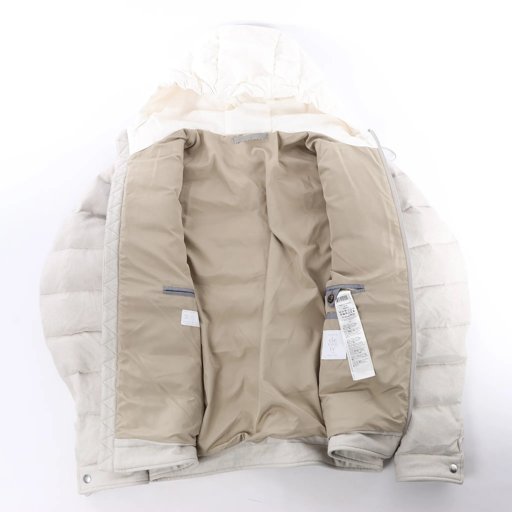 Eleventy Hooded Puffer Jacket in Beige, Size 50 IT