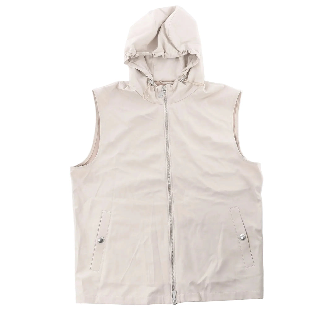 Eleventy beige sleeveless hooded vest with a full front zip, drawstring hood and two snap-fastened side pockets.