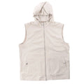 Eleventy beige sleeveless hooded vest with a full front zip, drawstring hood and two snap-fastened side pockets.