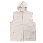 Eleventy beige sleeveless hooded vest with a full front zip, drawstring hood and two snap-fastened side pockets.