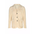 Tortora beige slim-fit leather jacket with notch lapels, three-button front, chest welt pocket, and patch pockets on white background